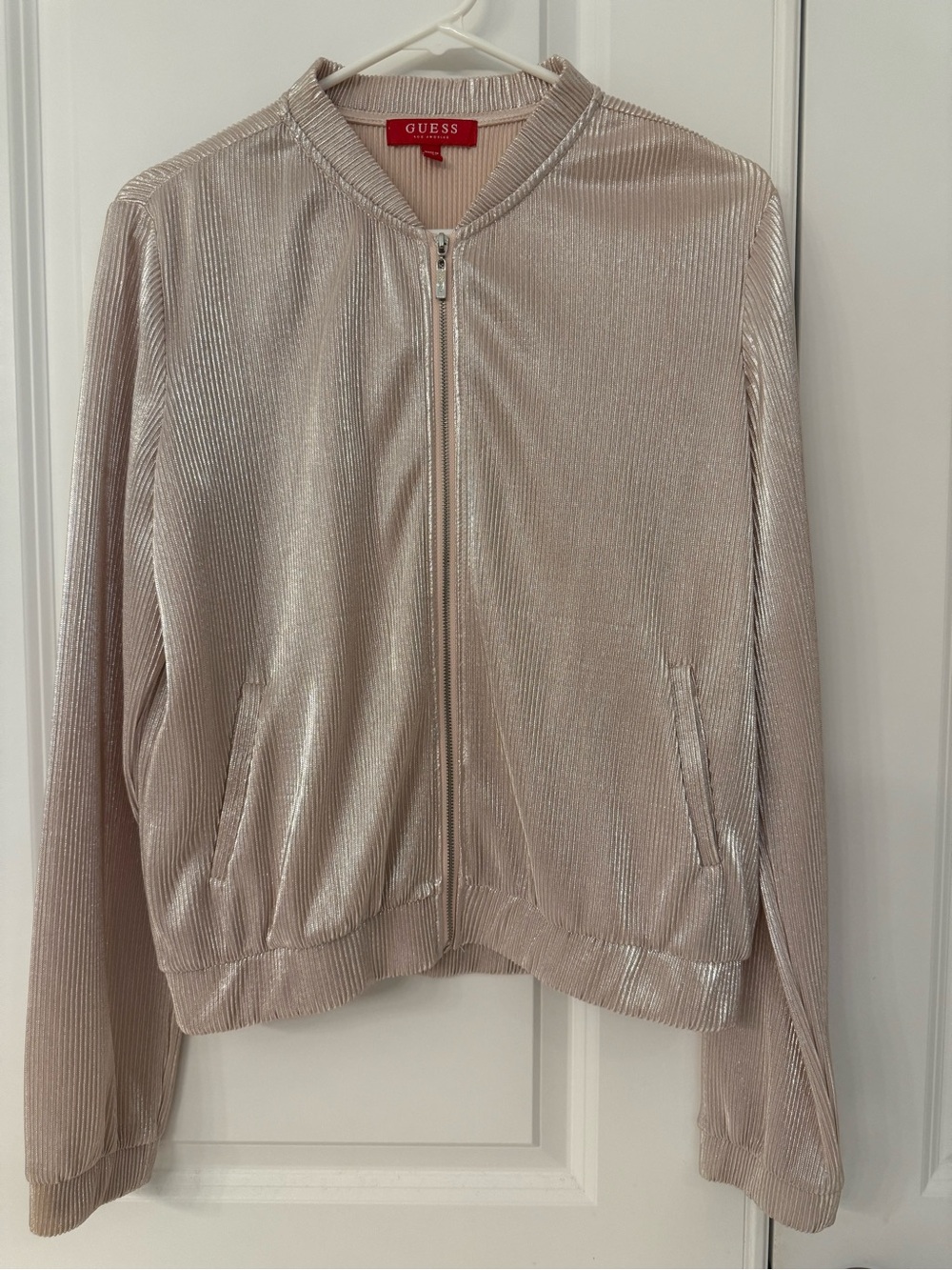 GUESS Metallic Blush Ribbed Bomber Jacket